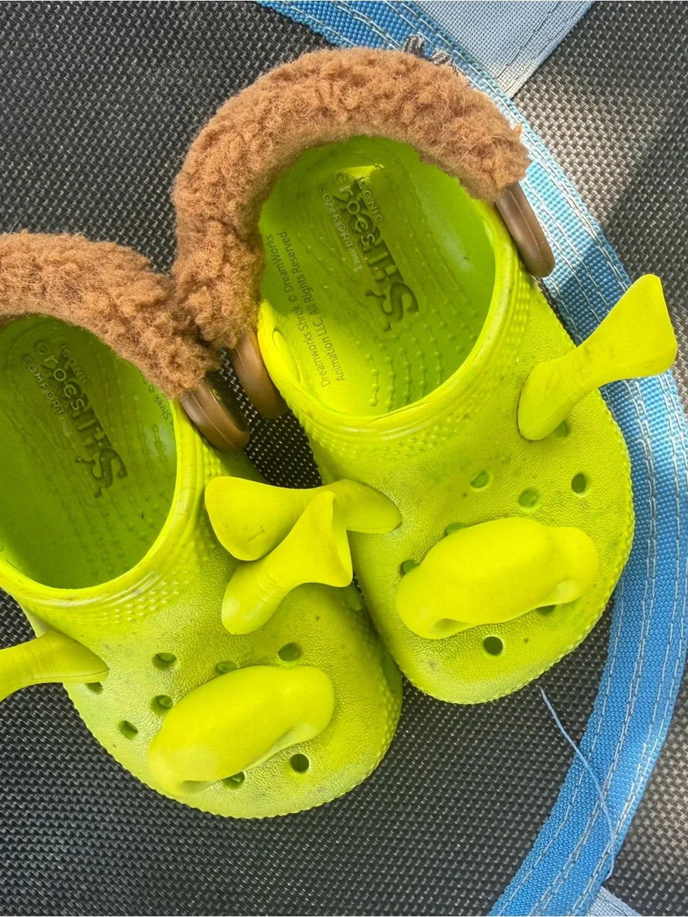 CROCS Kids Neon Lime Clog Sandals with Brown Faux Fur Trim